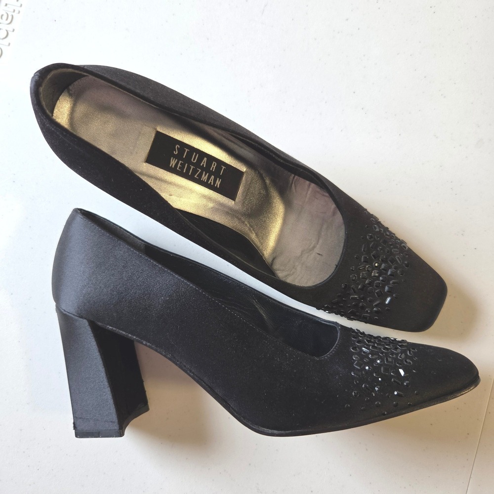 Stuart Weitzman Black Satin Crystal Embellished Block Heel Pumps 9.5 AA 5W01084